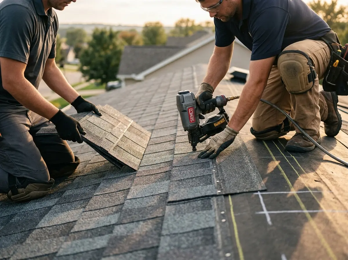 Professional roofer working on a residential roof in Ledyard